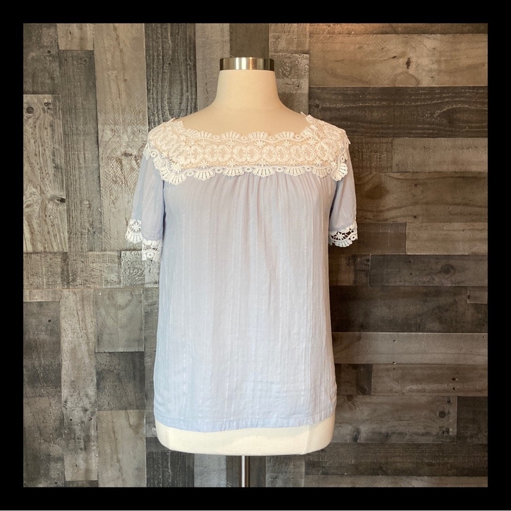 Pastel blue peasant top large festival boho floral lace fiesta resortwear summer
